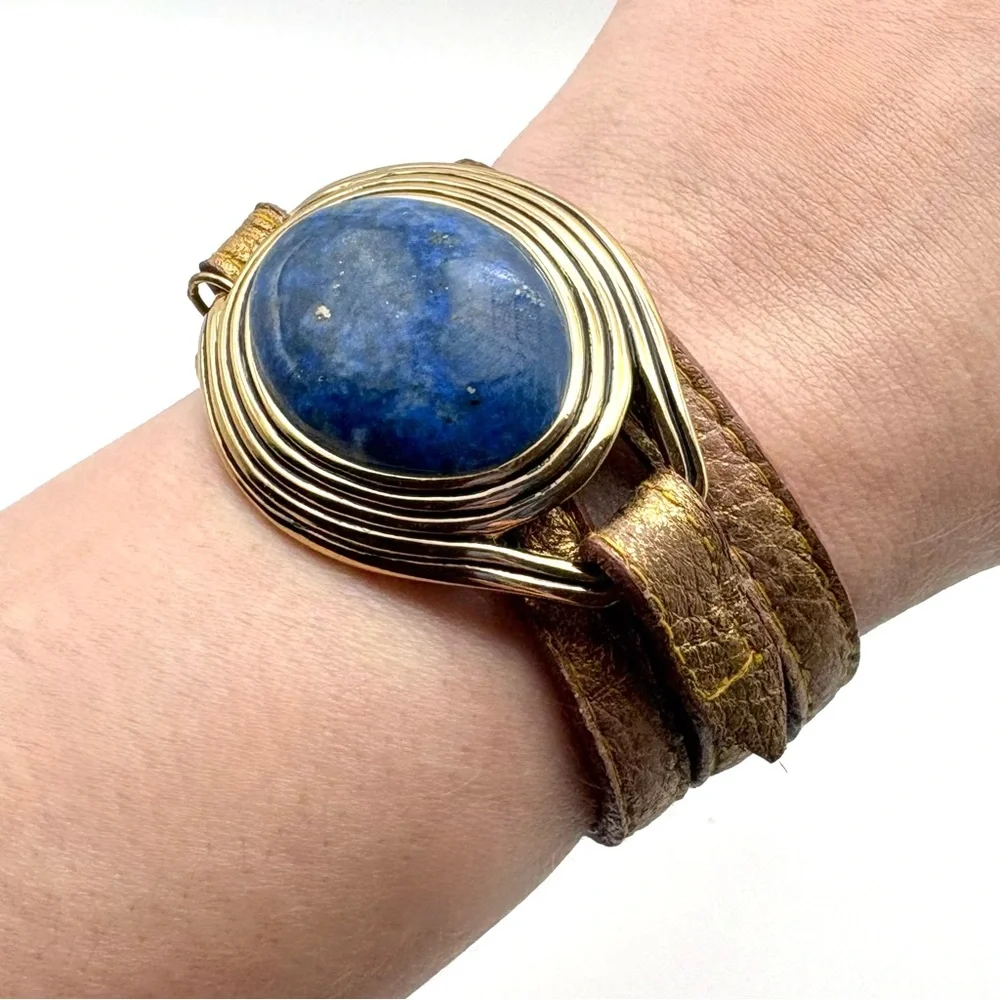 Studio Barse Lapis Lazuli Leather Southwestern Style Wrap Bracelet - Picture 2 of 6
